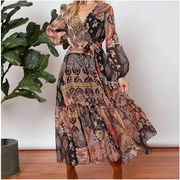 Boho Floral paisley Print Surplice Long Sleeve Maxi Dress - Picture 1 of 5